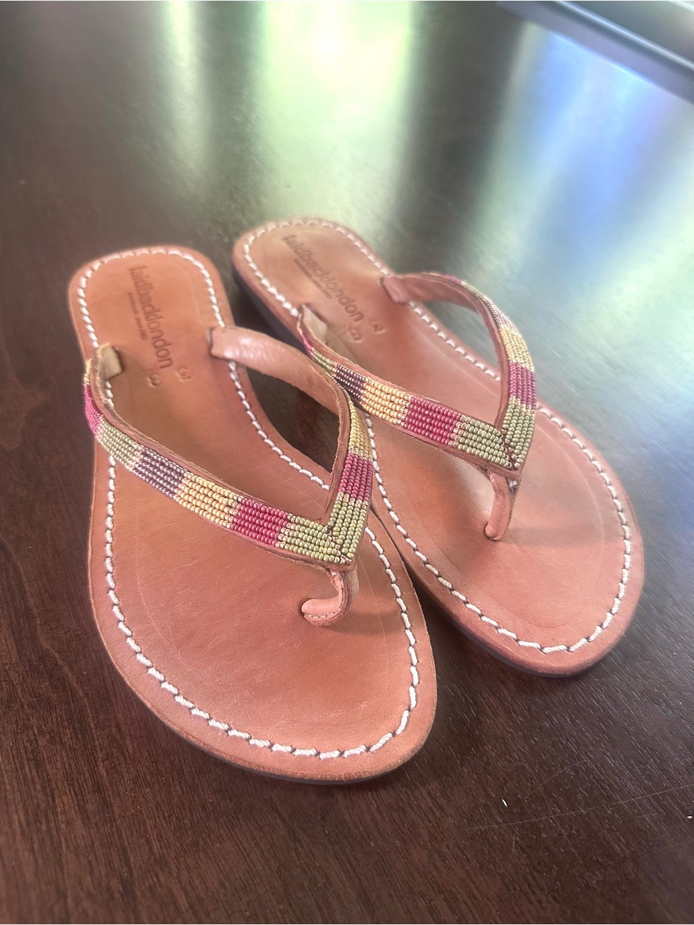 NEW! Free People Tan Leather Beaded Thong Sandals with Pink, Green & Gold Beads